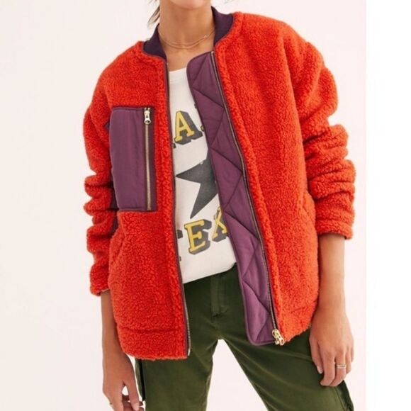 Free People Jackets & Blazers - Free People 'Rivington' sherpa jacket Orange and purple